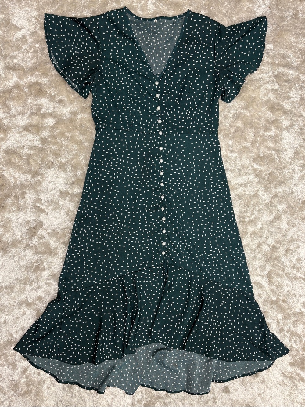 Dark Green Polka Dot Button-Front Midi Dress: Tie waist:Flutter Sleeve: Like New